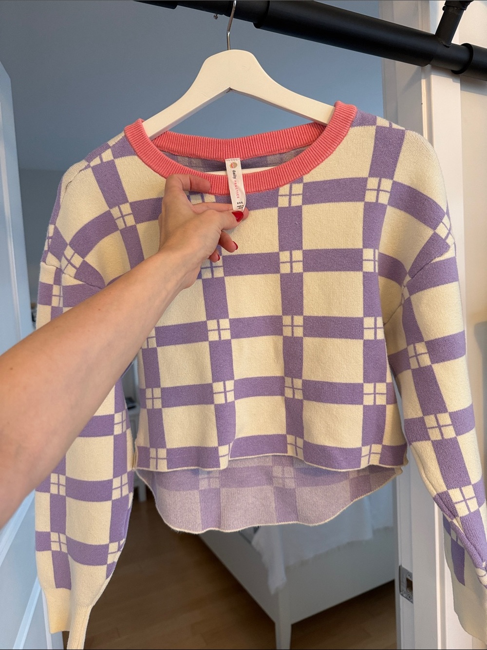 Anthropologie Cream & Lavender Checked Crop Sweater with Pink Trim